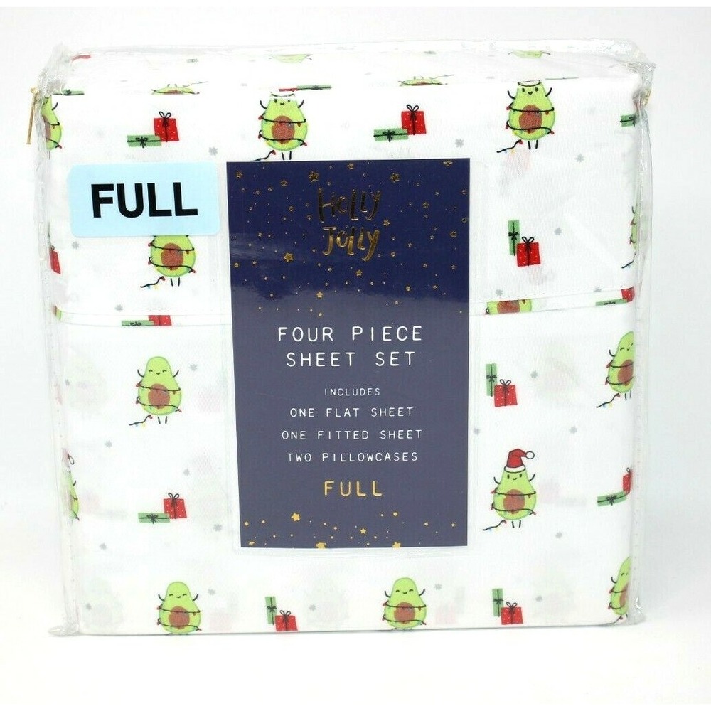 Holly Jolly FULL 4 Piece Sheet Set Christmas Santa Avocados
